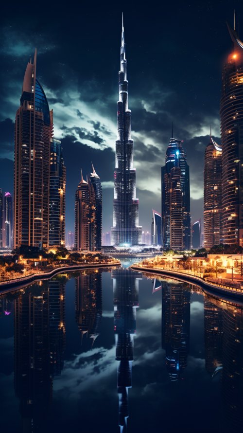 Dubai Night Cityscape Reflection