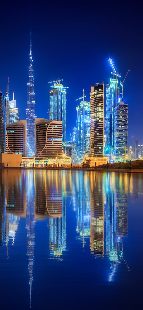 Dubai Skyline Night Reflection