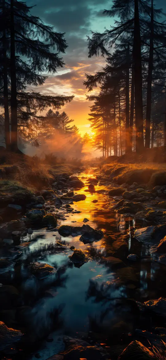 Golden Forest Stream Sunset - Related Anime Wallpapers wallpaper