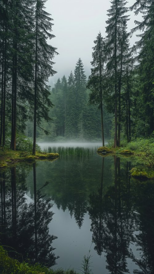 Misty Forest Lake Reflection