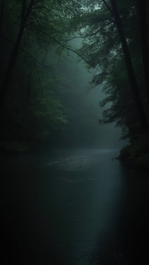 Misty Forest River Scene
