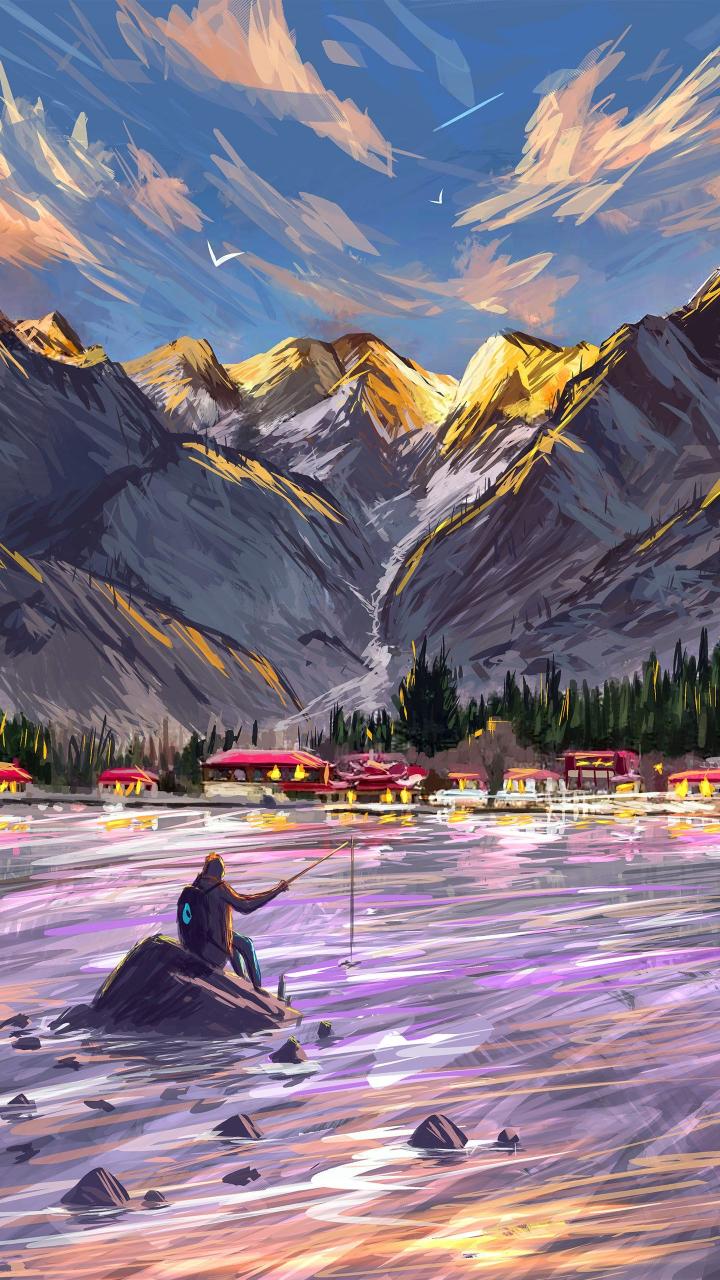 Mountain Lake Fishing Art