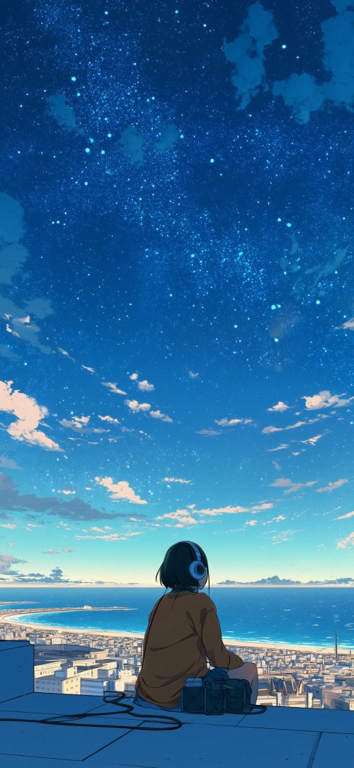 Rooftop Stargazing Anime Girl - beach Wallpaper