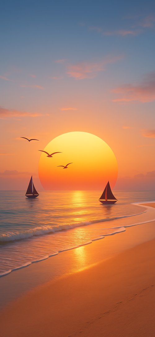 Sunset Sailboats Serene Beach