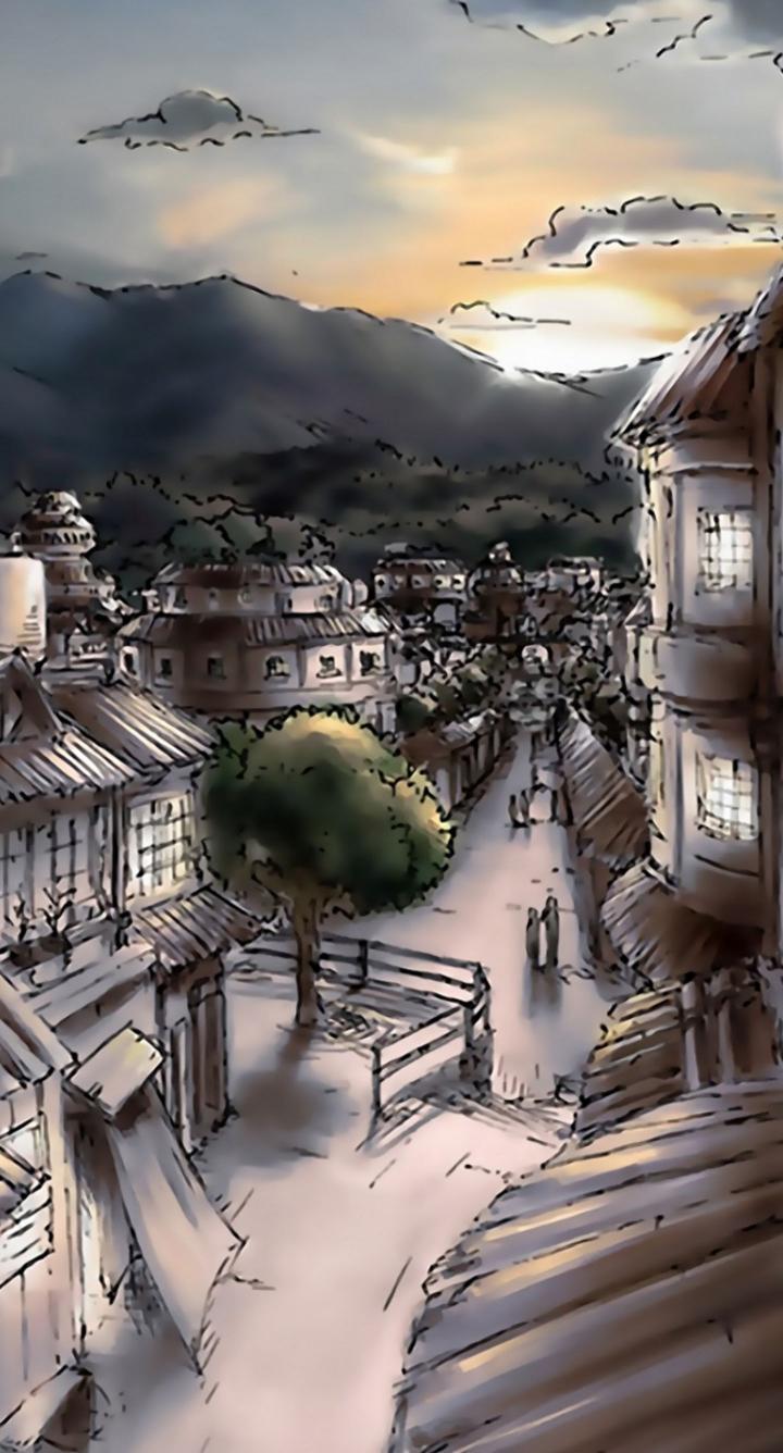 Cartoon Town Sunset View - Related Anime Wallpapers wallpaper