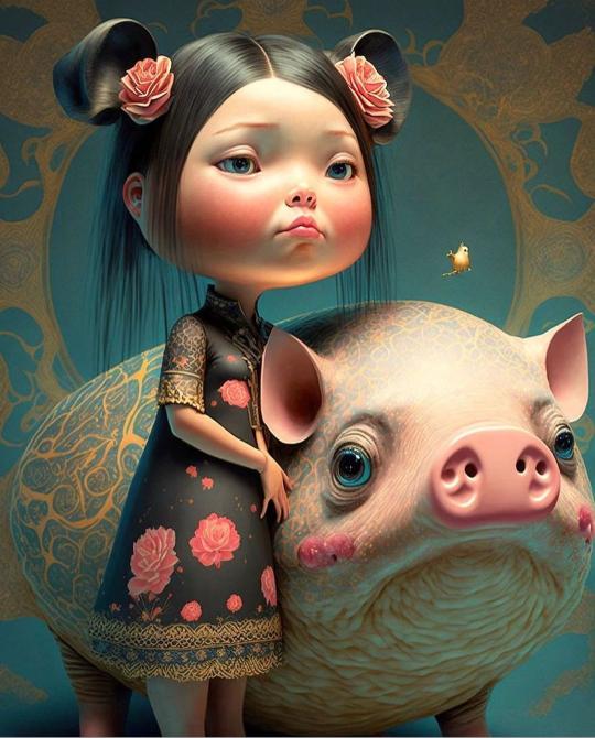Girl and Ornamental Pig - Related Anime Wallpapers wallpaper