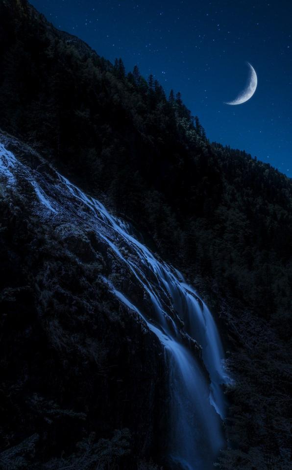 Moonlit Waterfall Nightscape - Related Anime Wallpapers wallpaper