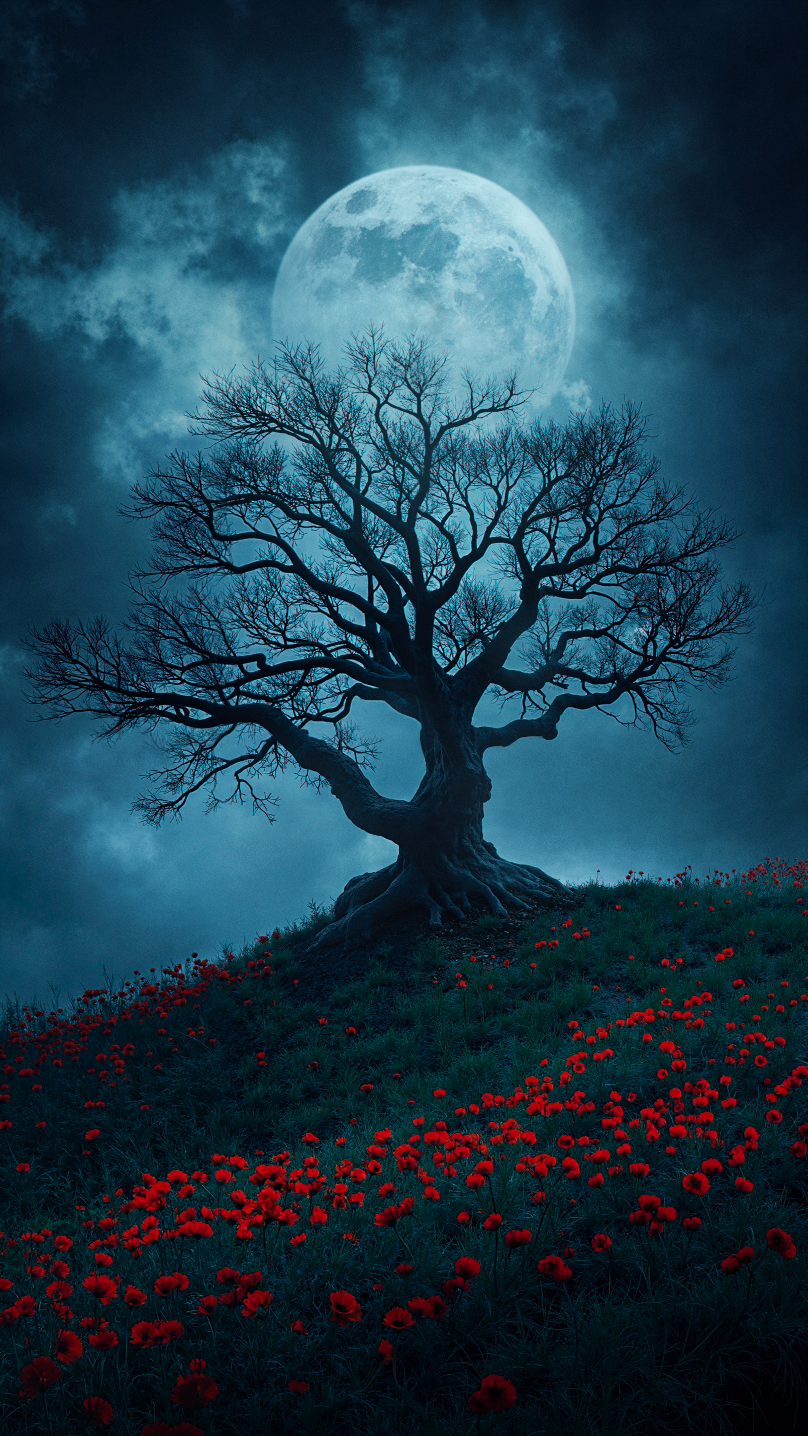 Moonlit Poppy Field Tree - nature wallpaper for Darkify