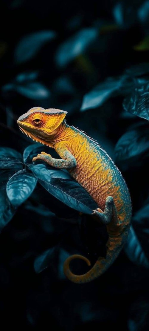 Vibrant Chameleon on Leaves