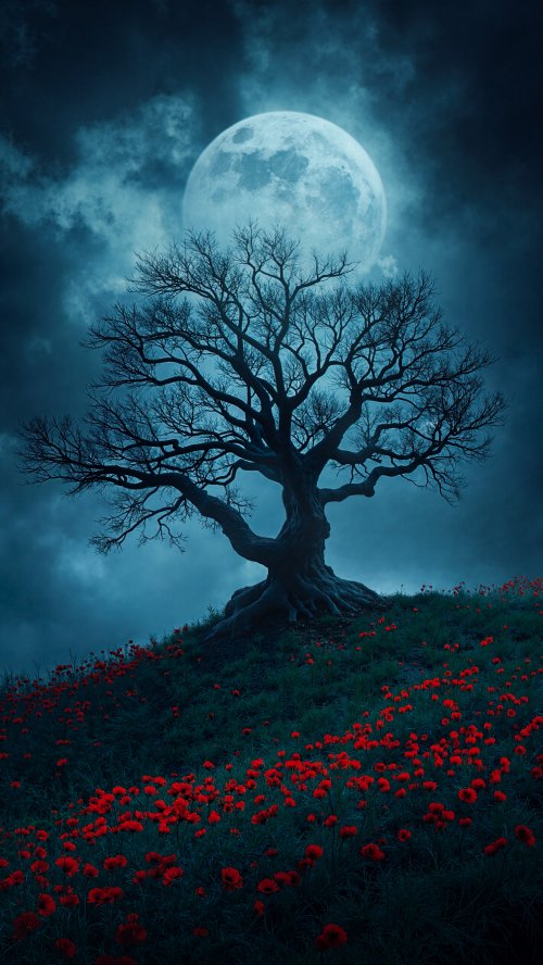 Moonlit Poppy Field Tree - Related Ghetto Wallpapers wallpaper