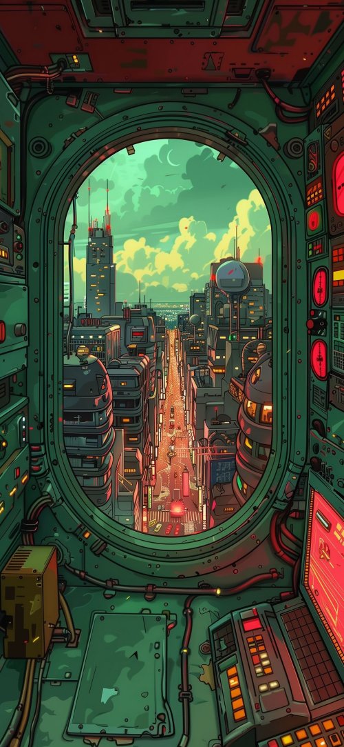 Cyberpunk City Through Porthole - Art Wallpaper