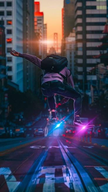 Cyberpunk Skateboarder Cityscape Jump - Related Dope Wallpapers wallpaper