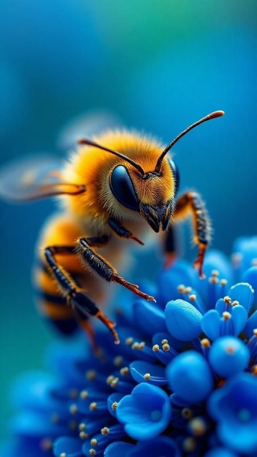 Macro Bee on Blue Flower - animals Wallpaper