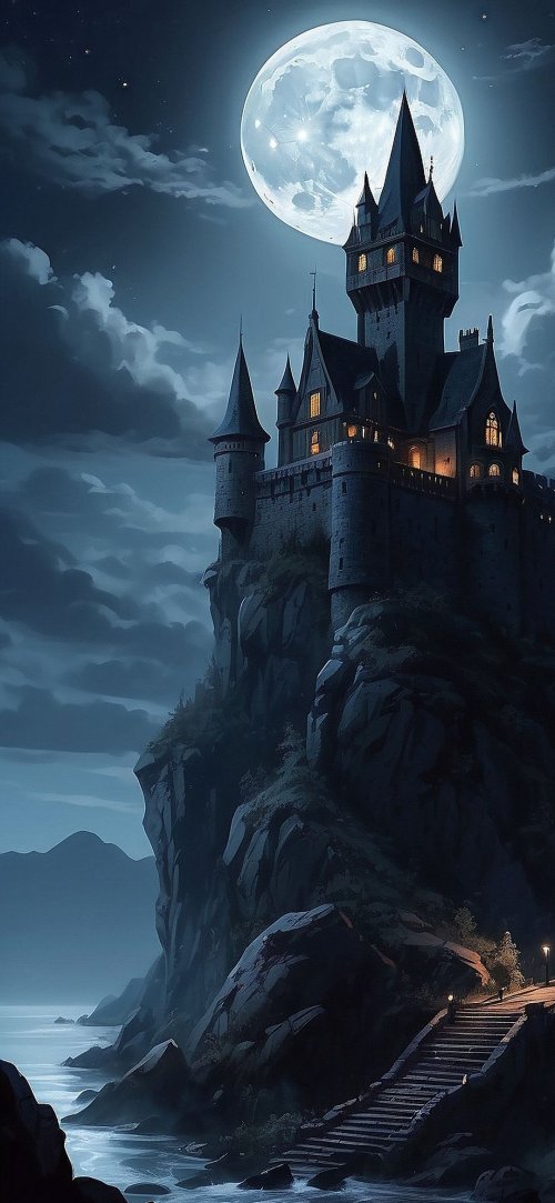 Moonlit Castle Cliffside - Art Wallpaper