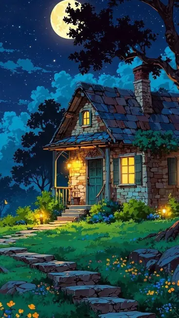 Moonlit Cottage Dreamscape - Related Dope Wallpapers wallpaper