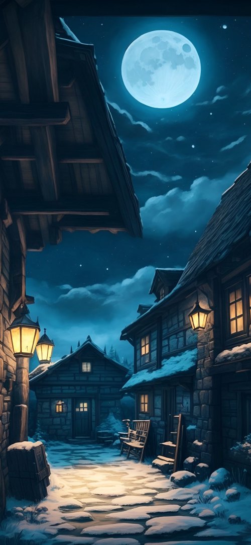 Moonlit Snowy Village - Art Wallpaper