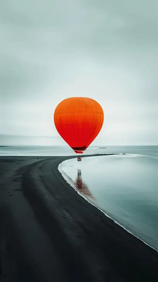 Orange Balloon Over Black Beach - beach Wallpaper
