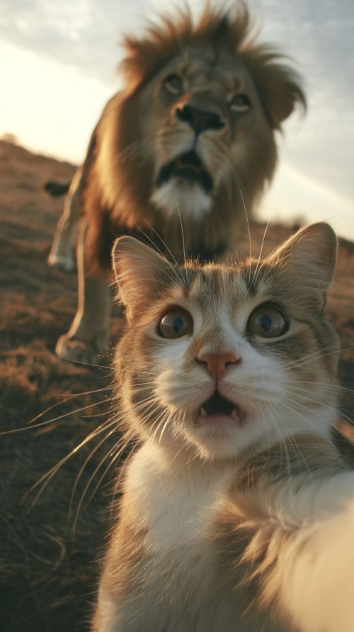 Surprised Cat Meets Lion - Dope Wallpapers Wallpaper