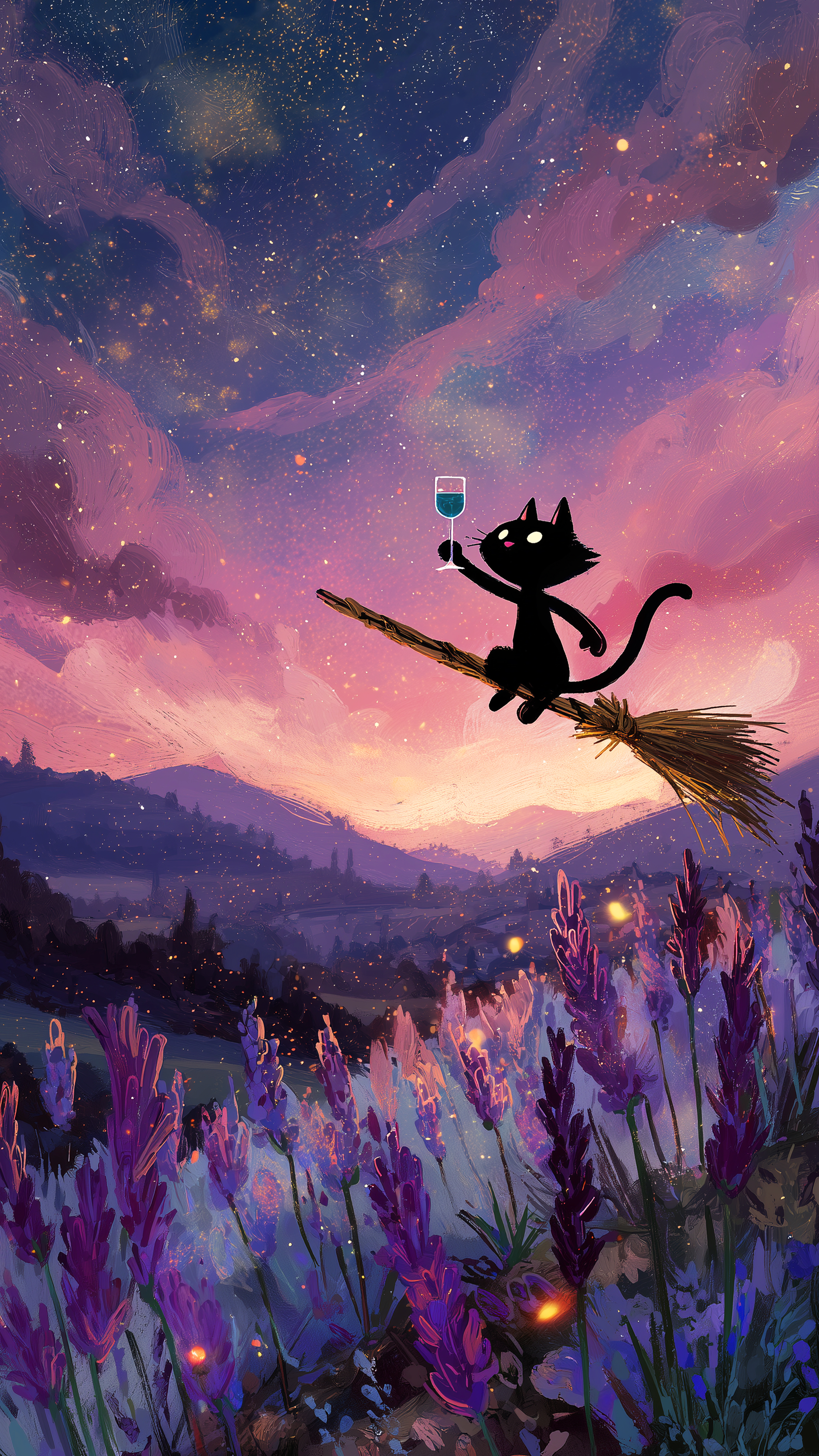 Witch Cat Flying Broom - cat wallpaper for Ghetto Wallpapers