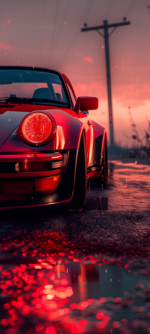 Red Porsche on Wet Road