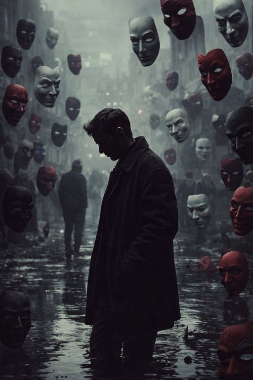 Man Among Floating Masks - mask Wallpaper