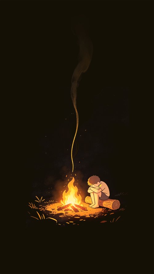 Boy Sitting By Fire