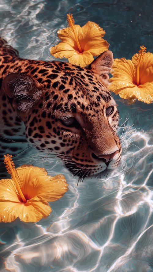 Leopard Swimming With Flowers - Related StockWalls wallpaper