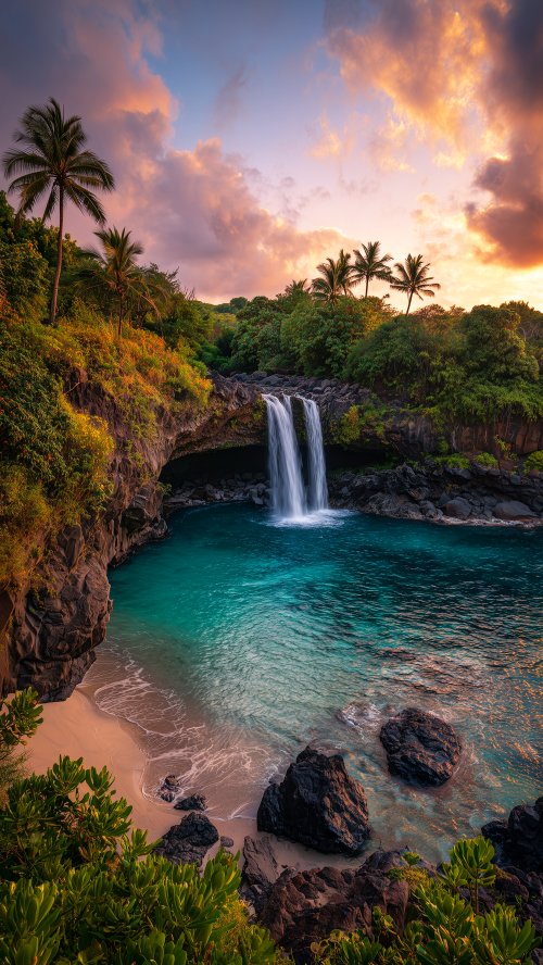 Tropical Sunset Waterfall Paradise