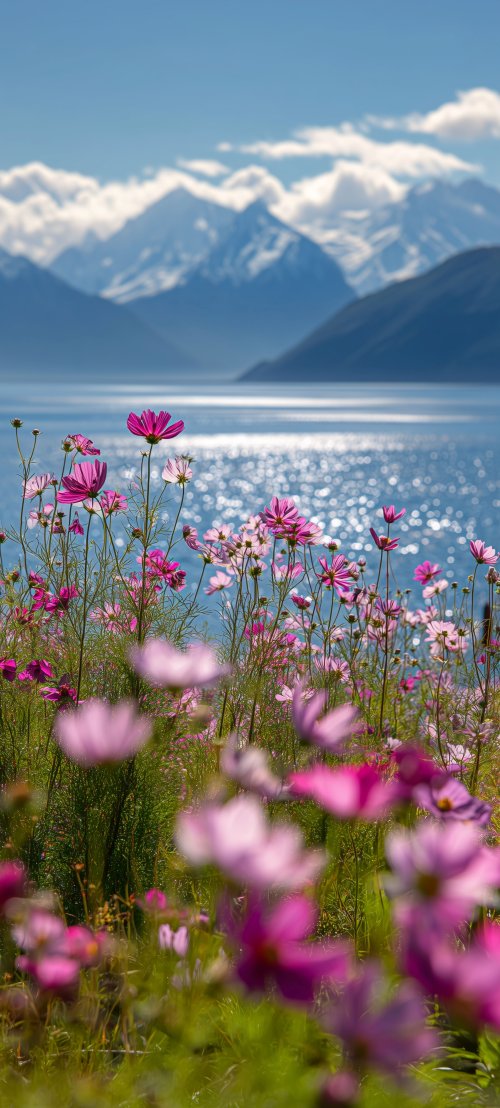 Pink Flowers Mountain Lake - Related StockWalls wallpaper
