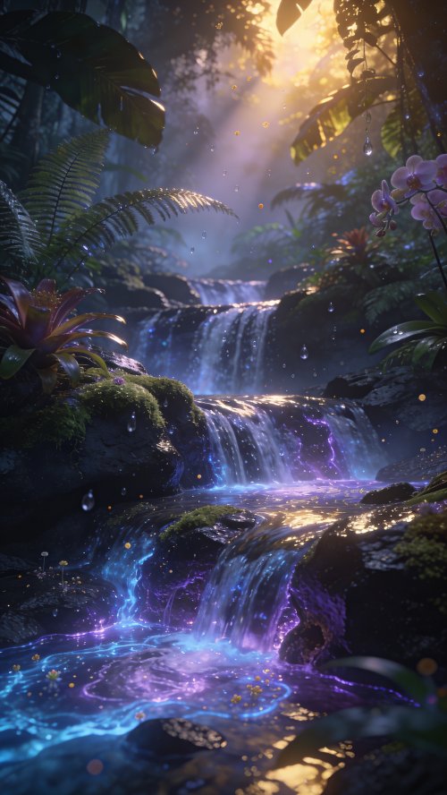 Magical Glowing Jungle Waterfall - waterfall Wallpaper