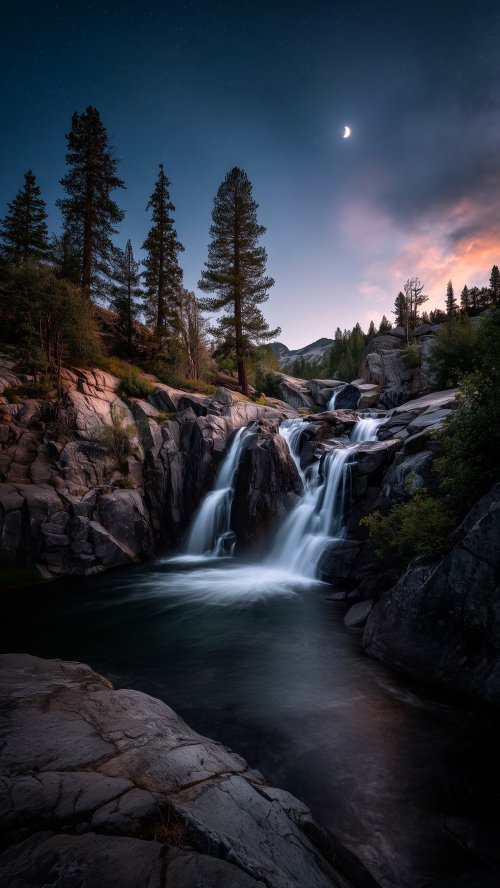 Moonlit Mountain Waterfall - waterfall Wallpaper