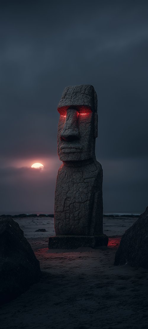Glowing Moai Statue Sunset - sculpture Wallpaper