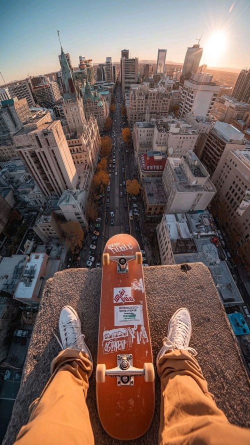 Skateboarder Overlooking City Skyline