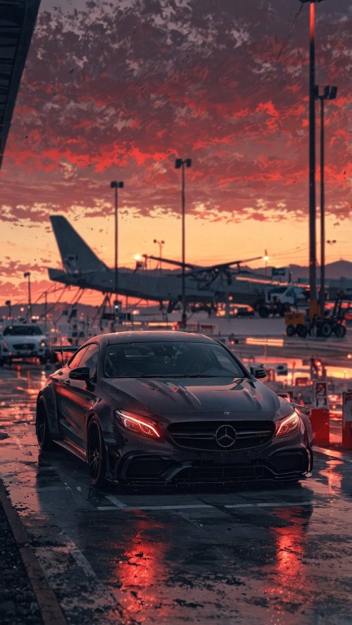 Black Mercedes Sunset Airport - Related Dark Wallpapers wallpaper