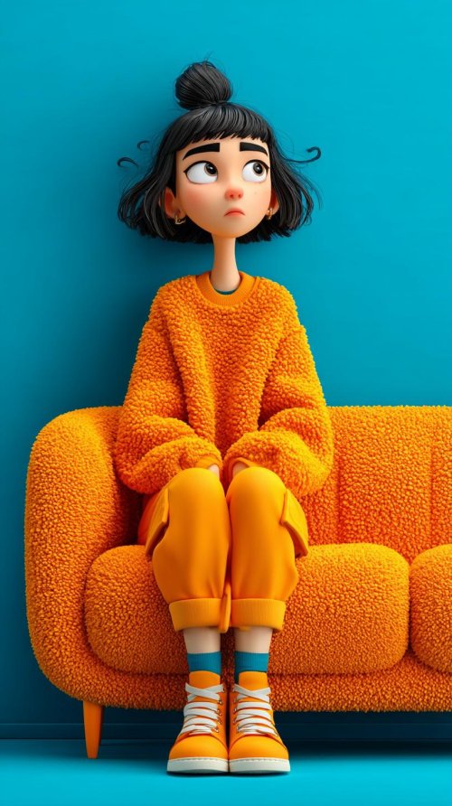 Cartoon Girl on Orange Couch