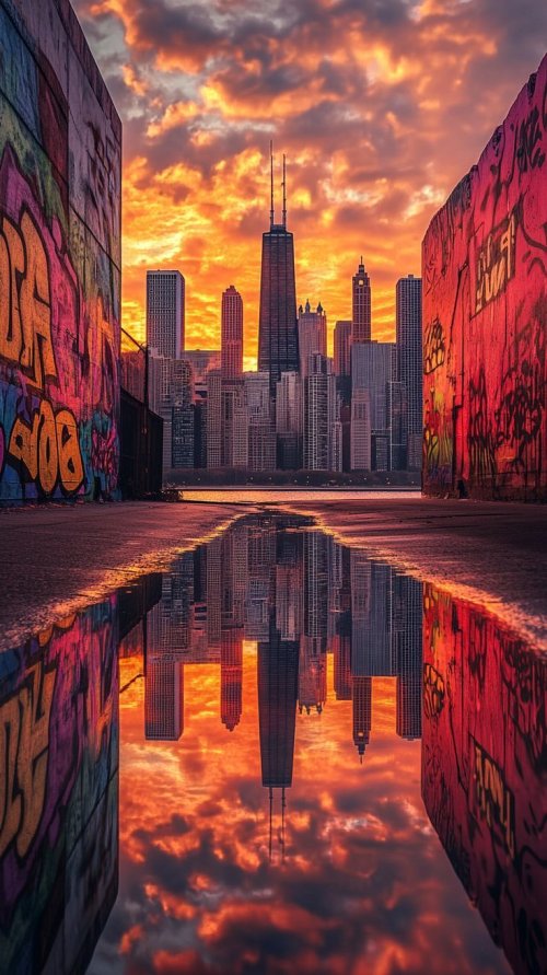 Chicago Sunset Reflection - urban Wallpaper