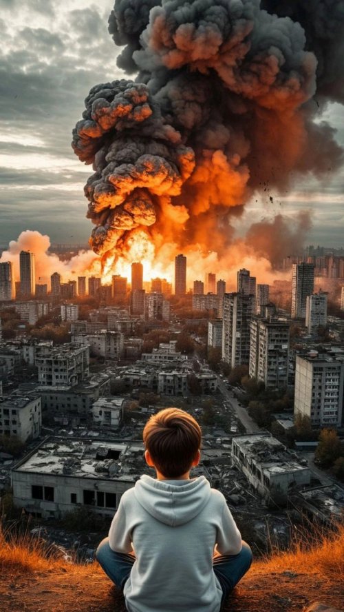 Child Gazes at City Explosion