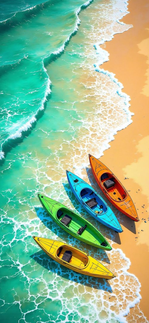 Colorful Kayaks Beach Scene