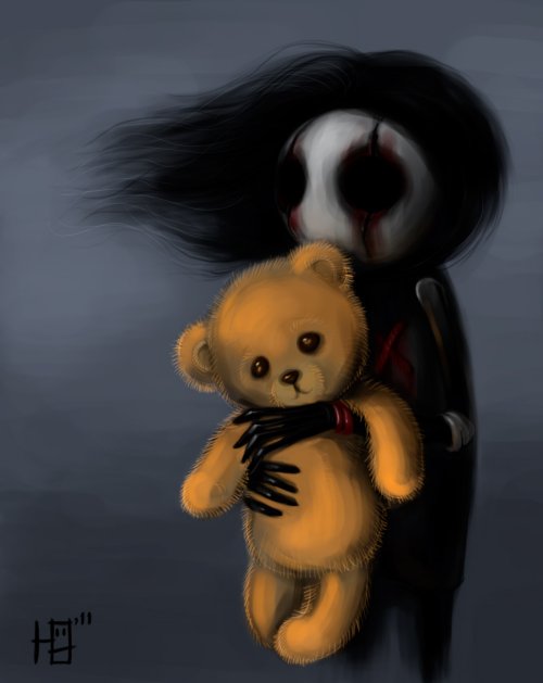 Creepy Doll with Teddy - gothic Wallpaper