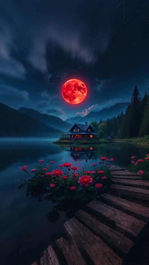 Crimson Moon Cabin Serenity - Related Dope Wallpapers wallpaper