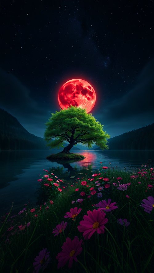 Crimson Moon Oasis - nature Wallpaper