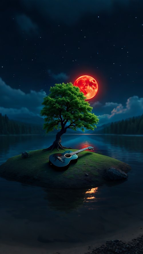 Guitar Under Red Moon - Related 4K Wallpapers wallpaper