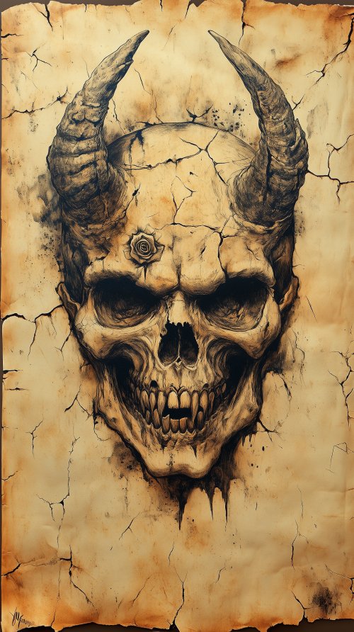 Horned Skull on Parchment - gothic Wallpaper