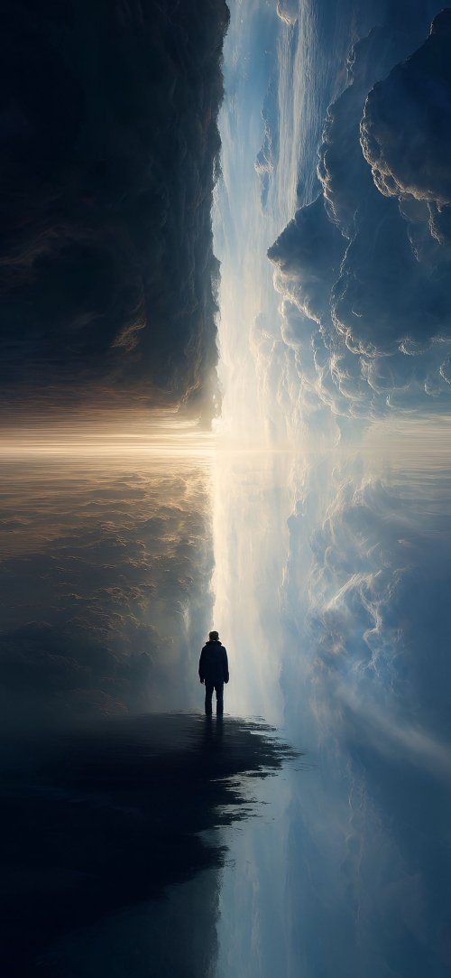 Man Facing Cosmic Divide - surreal Wallpaper
