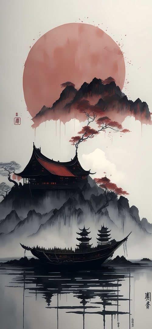 Misty Mountain Pagoda Boat - japan Wallpaper