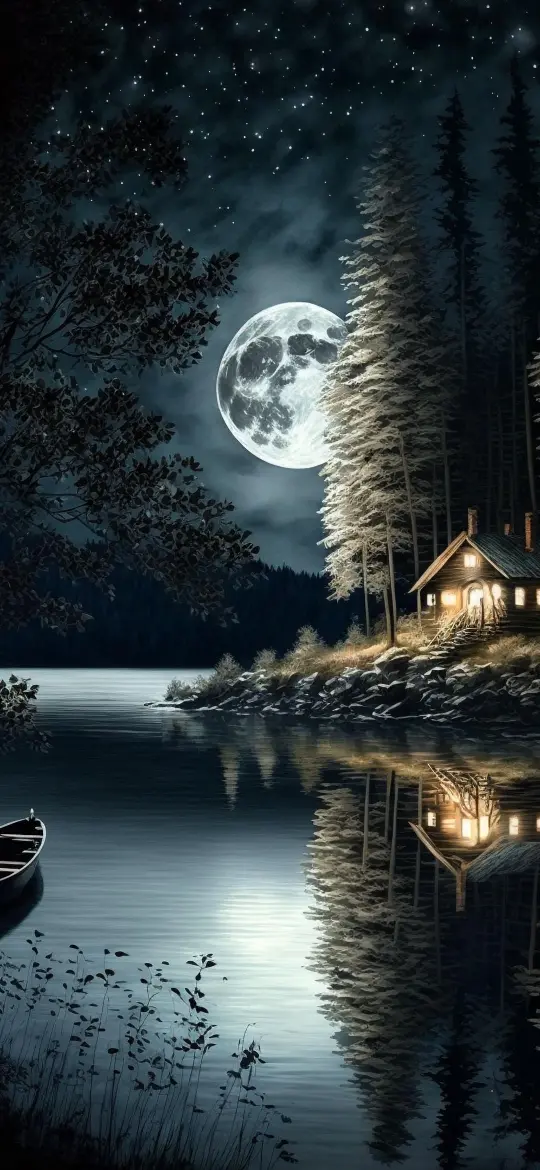 Moonlit Cabin Reflection