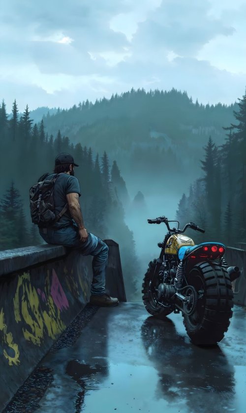 Motorcycle and Misty Forest View
