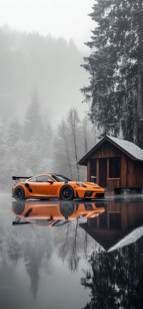 Orange Porsche Winter Lake - porsche Wallpaper