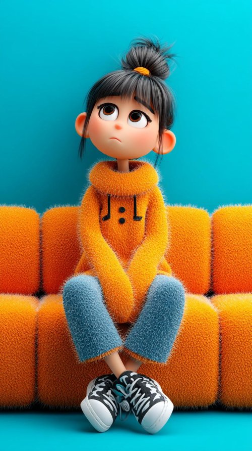 Pensive Cartoon Girl on Couch