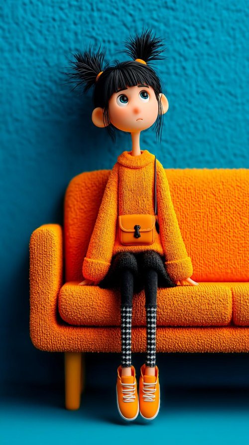 Pensive Doll on Orange Couch